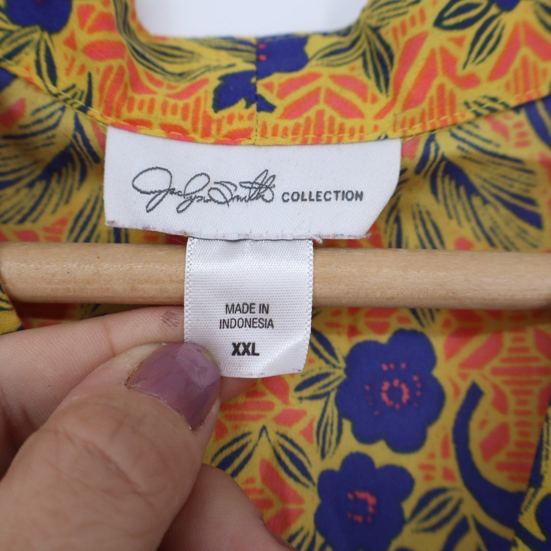 Jaclyn Smith Collection Yellow Blue Floral Zip V-Neck Blouse XXL