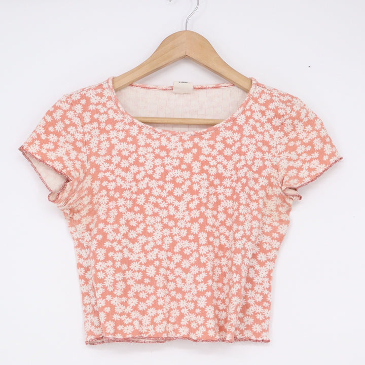 Destined Coral Pink Daisy Floral Ribbed Lettuce Trim Cropped Baby Tee Large