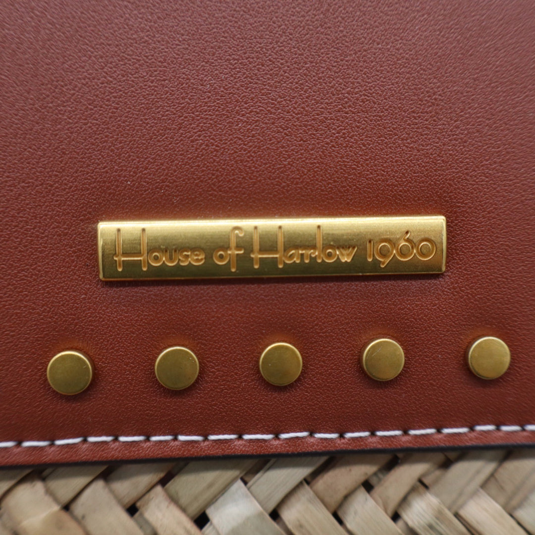 House of Harlow 1960 Woven Straw Leather Studded Basket Bag Crossbody Natural