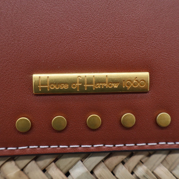 House of Harlow 1960 Woven Straw Leather Studded Basket Bag Crossbody Natural