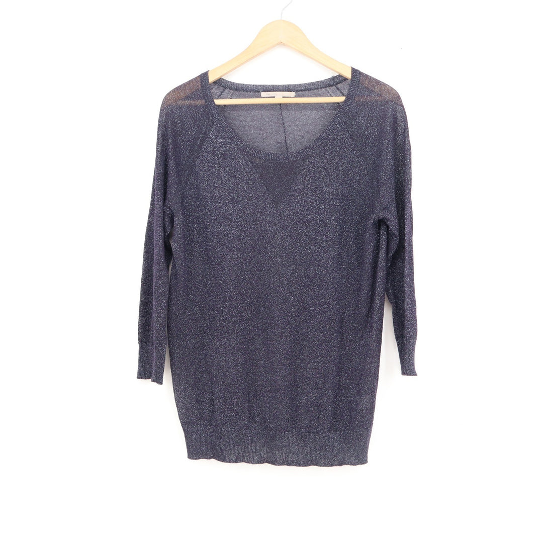 Gap Womens Navy Blue Metallic Shimmer Scoop Neck 3/4 Sleeve Sweater Small