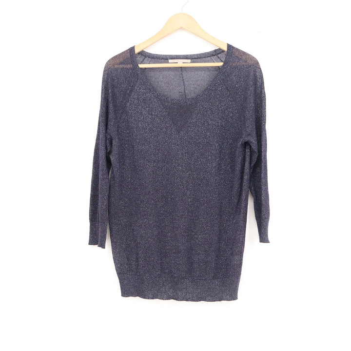 Gap Womens Navy Blue Metallic Shimmer Scoop Neck 3/4 Sleeve Sweater Small