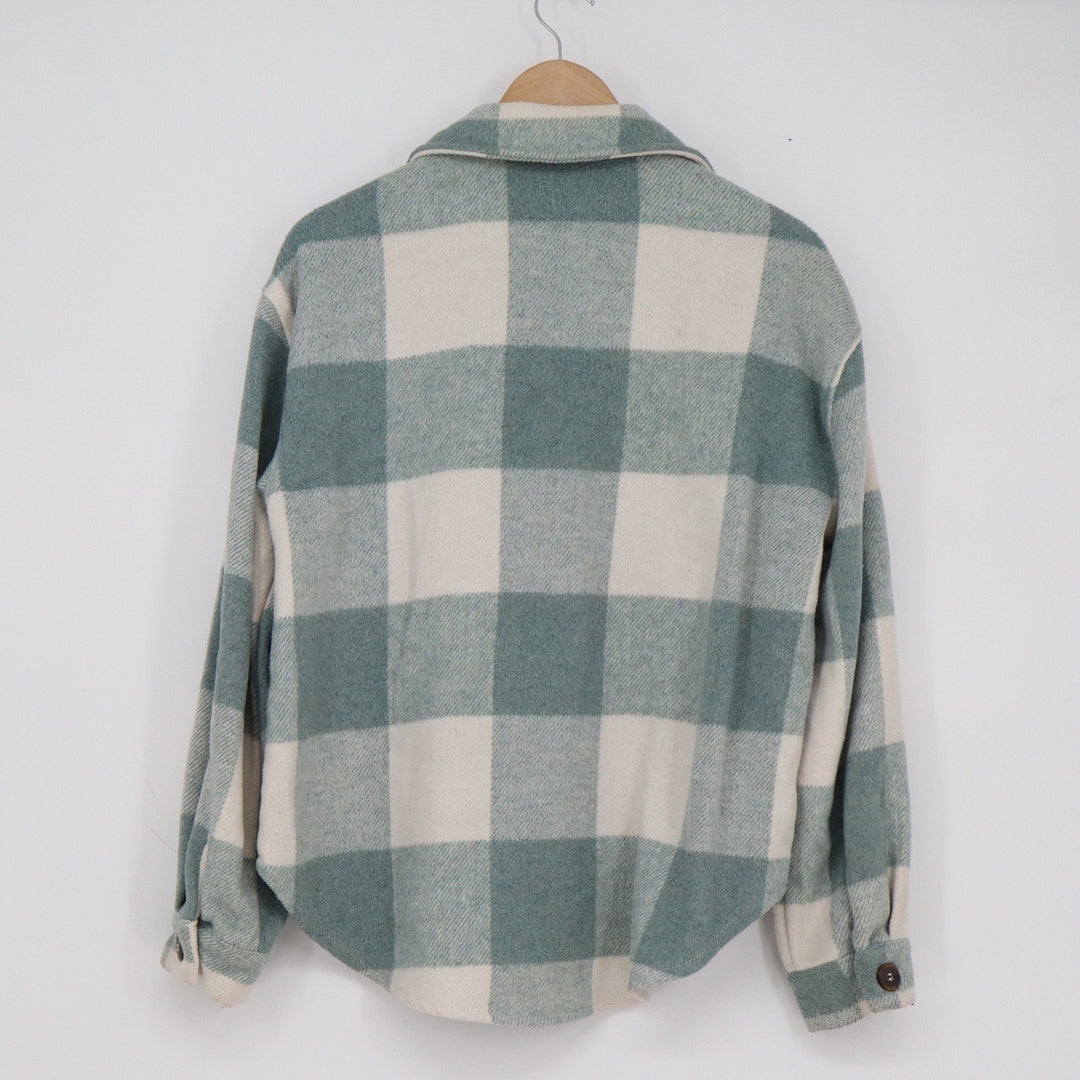 Love Tree Sage Green Buffalo Plaid Flannel Shacket Button Up Shirt Jacket Small