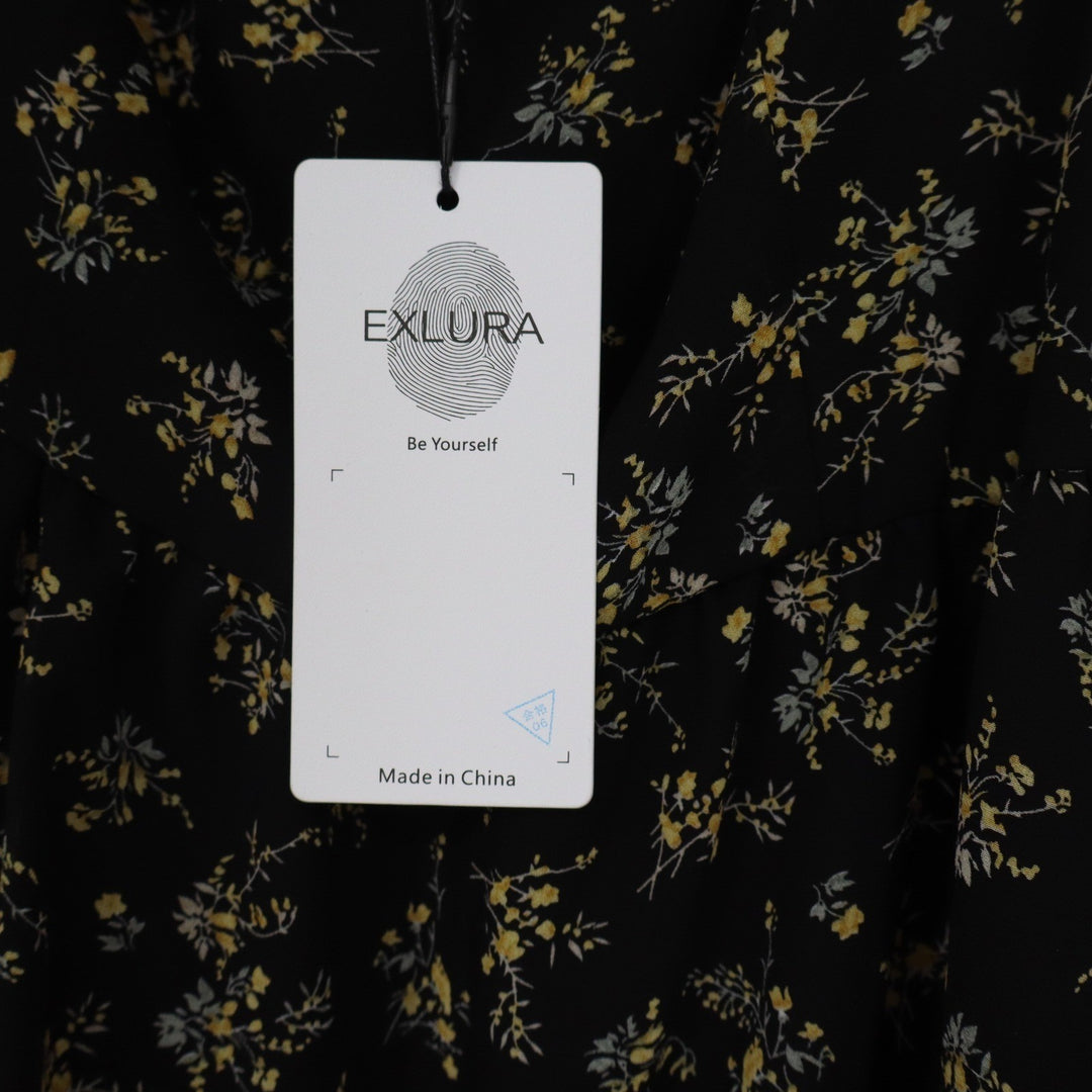 EXLURA Black Yellow Floral Chiffon Mini Dress Square Neck Long Sleeve L