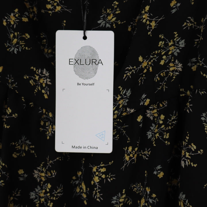 EXLURA Black Yellow Floral Chiffon Mini Dress Square Neck Long Sleeve L
