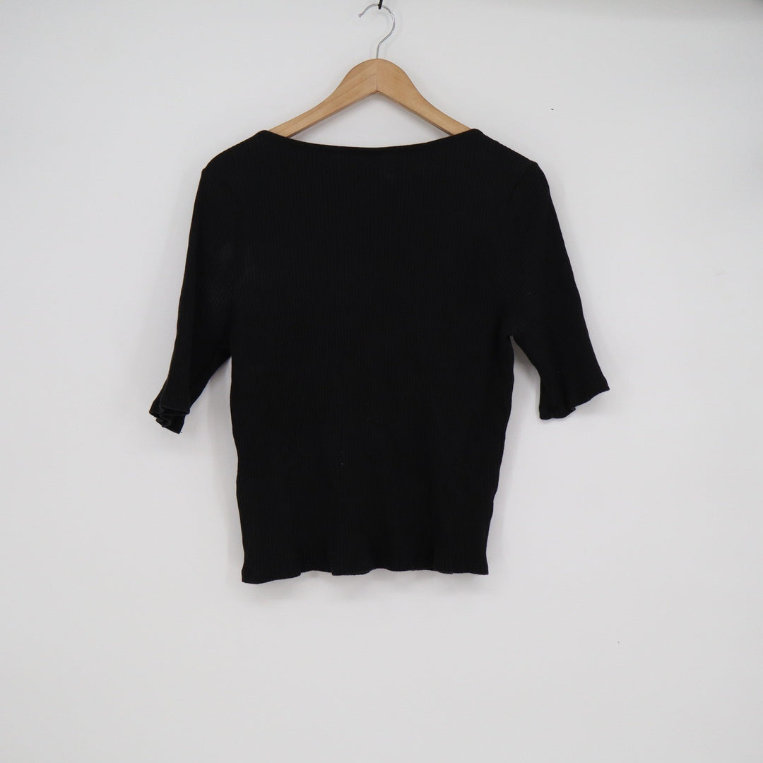 HM Womens Black Ribbed Scoop Neck Elbow Sleeve Top Size XL