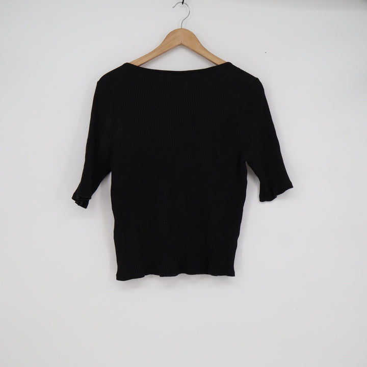 HM Womens Black Ribbed Scoop Neck Elbow Sleeve Top Size XL