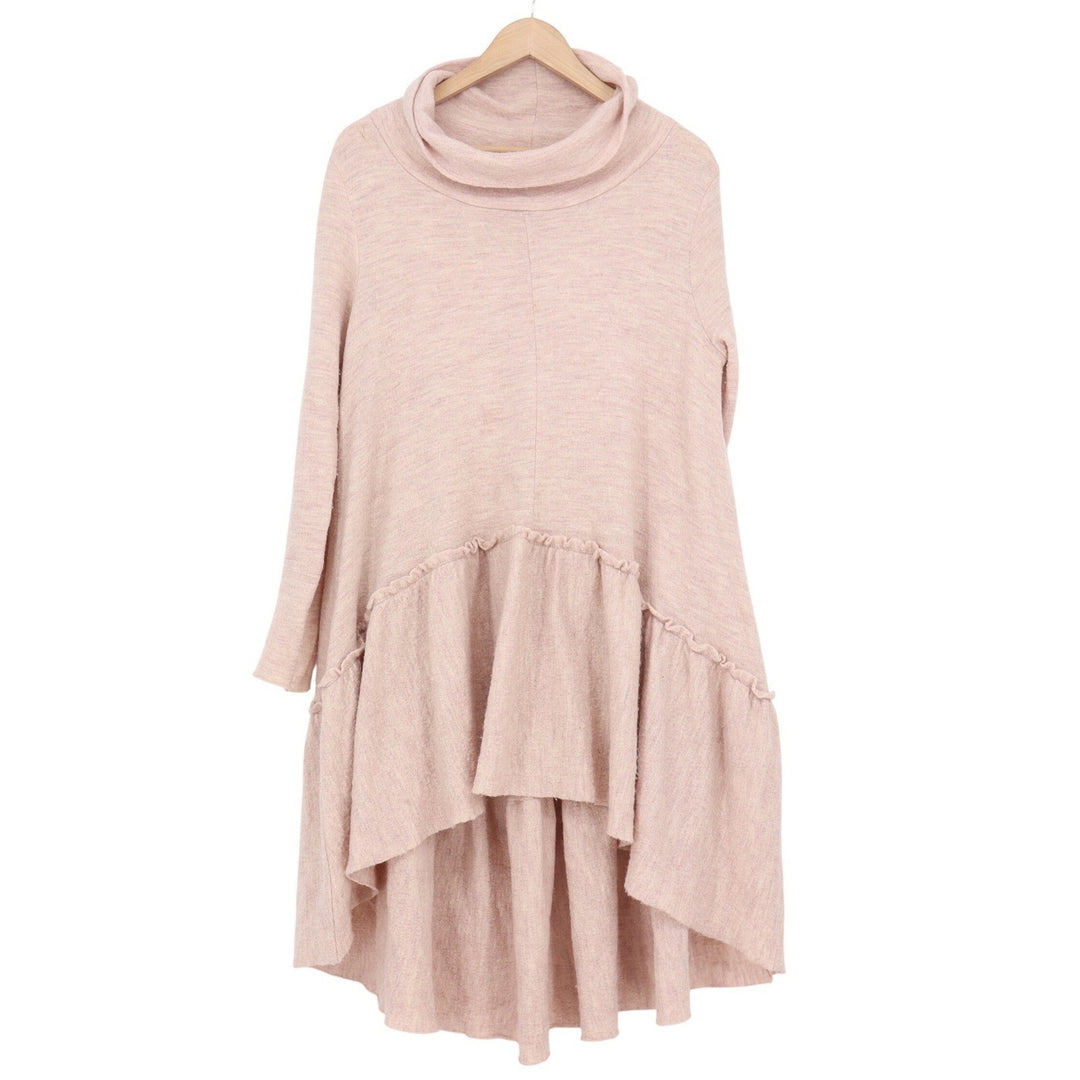 Free People 100% Merino Wool Cowl Neck Ruffle High Low Tunic Dress Blush XS