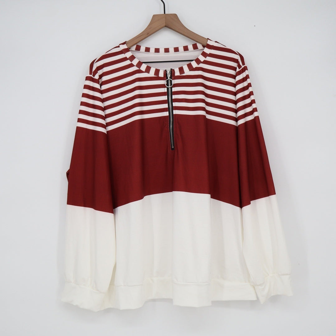 Shein Curve 4XL Burgundy White Striped Quarter Zip Colorblock Sweatshirt Ring