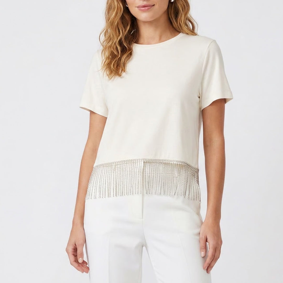 Joie Womens Rhinestone Fringe Cotton T-Shirt Off-White Crew Neck Size M NEW