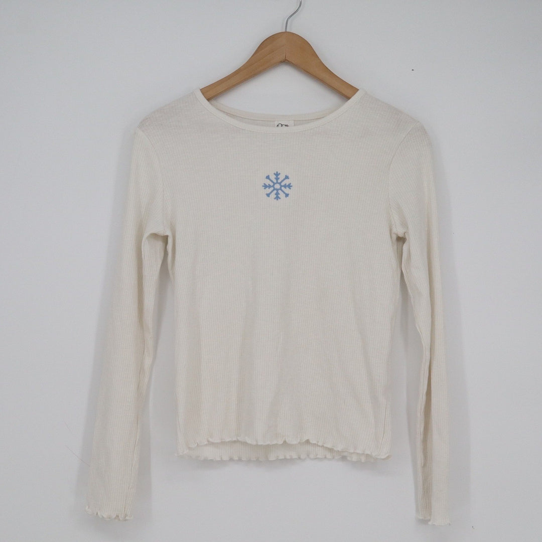 Art Class Girls XXL 16/18 Cream Ribbed Long Sleeve Snowflake Lettuce Trim Top