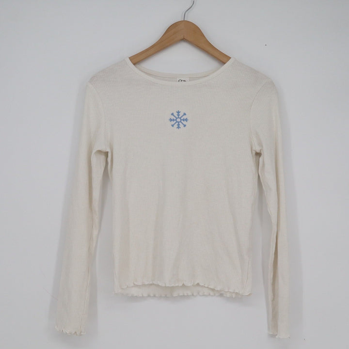 Art Class Girls XXL 16/18 Cream Ribbed Long Sleeve Snowflake Lettuce Trim Top