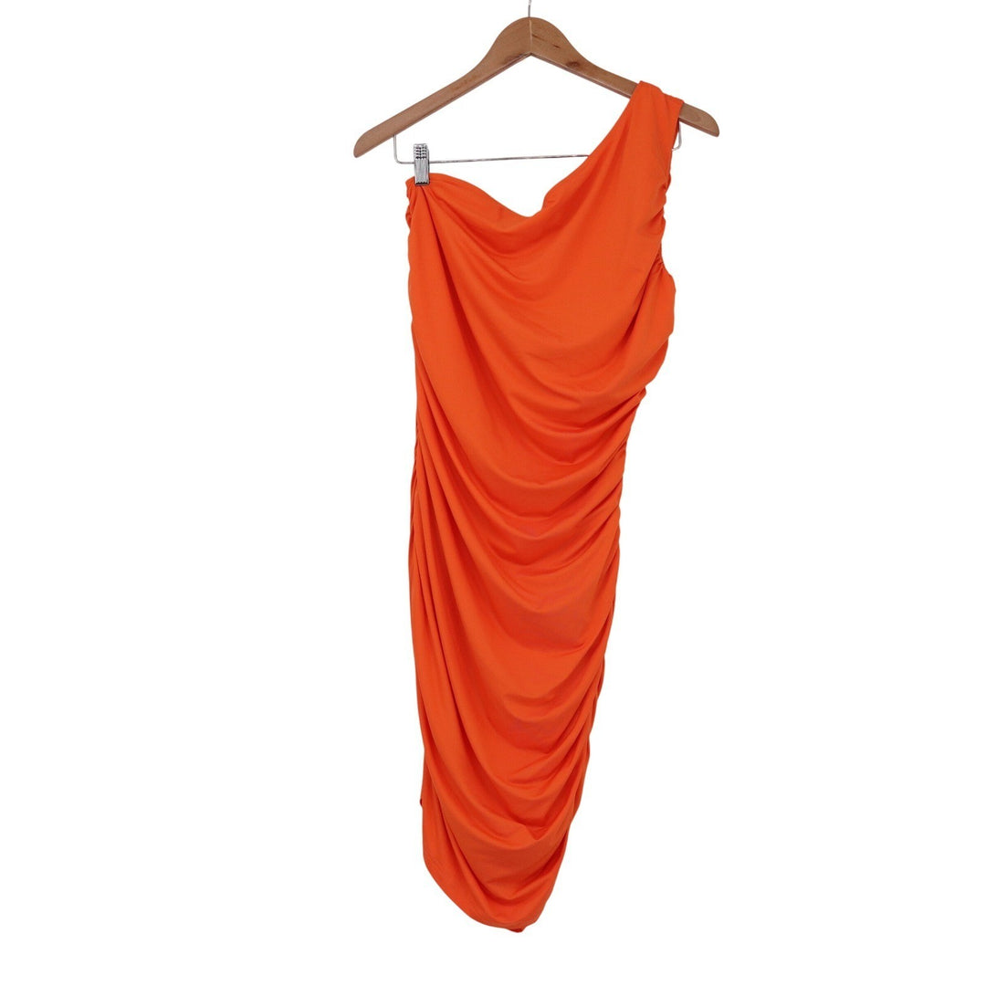 PRETTYGARDEN Orange One Shoulder Ruched Midi Dress Size L