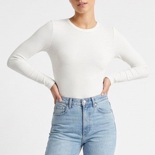 Elodie Bodysuit Womens Medium White Knitted Ribbed Casual Long Sleeve Crew Neck