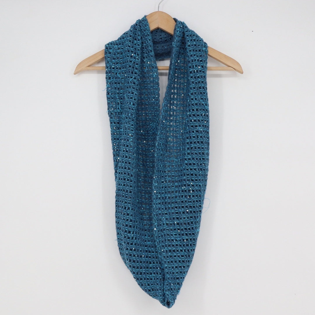 Tickled Pink Teal Blue Sequin Open Knit Crochet Infinity Scarf One Size Sparkle