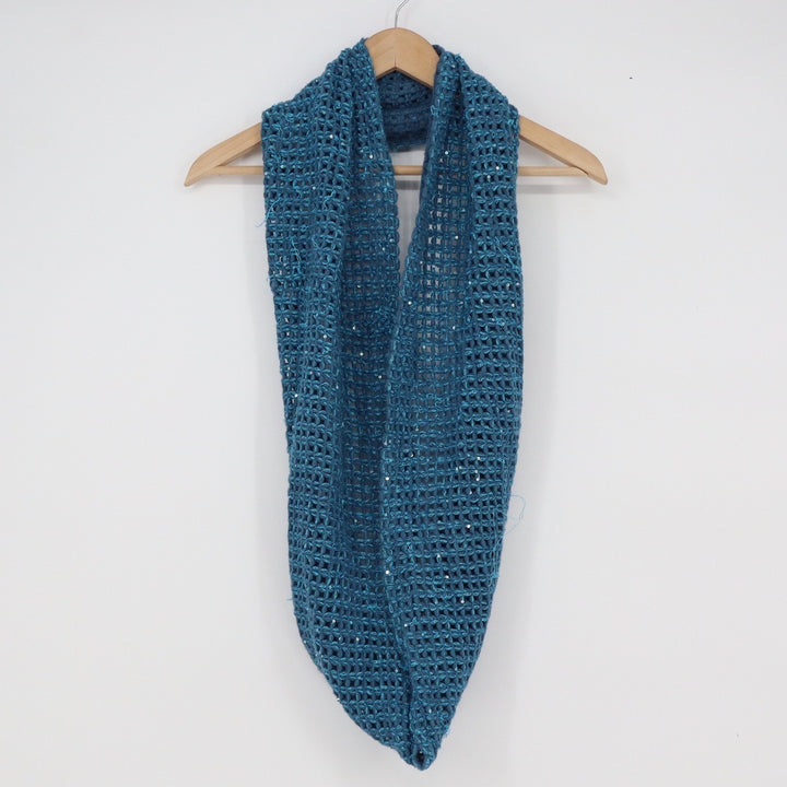 Tickled Pink Teal Blue Sequin Open Knit Crochet Infinity Scarf One Size Sparkle