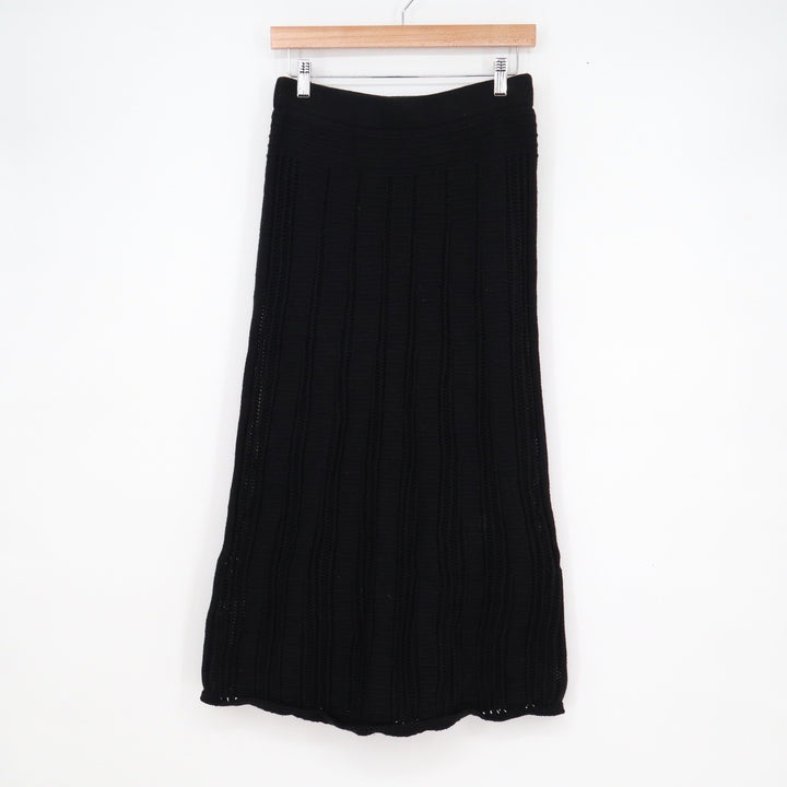 Black Ribbed Knit Midi Skirt Elastic Waist Minimalist Casual Skirt 33in Length