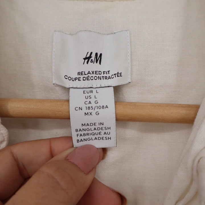 HM Mens Relaxed Fit Linen Cotton Blend Short Sleeve Button Up Shirt Cream Large
