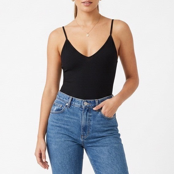 Forever 21 One Piece Bodysuit Womens Large White Stretch Knit V-Neck Sleeveless