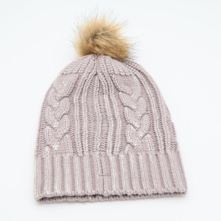 Free People Beanie Womens OS Wool Beanie Purple Metallic Cable Knit Pom