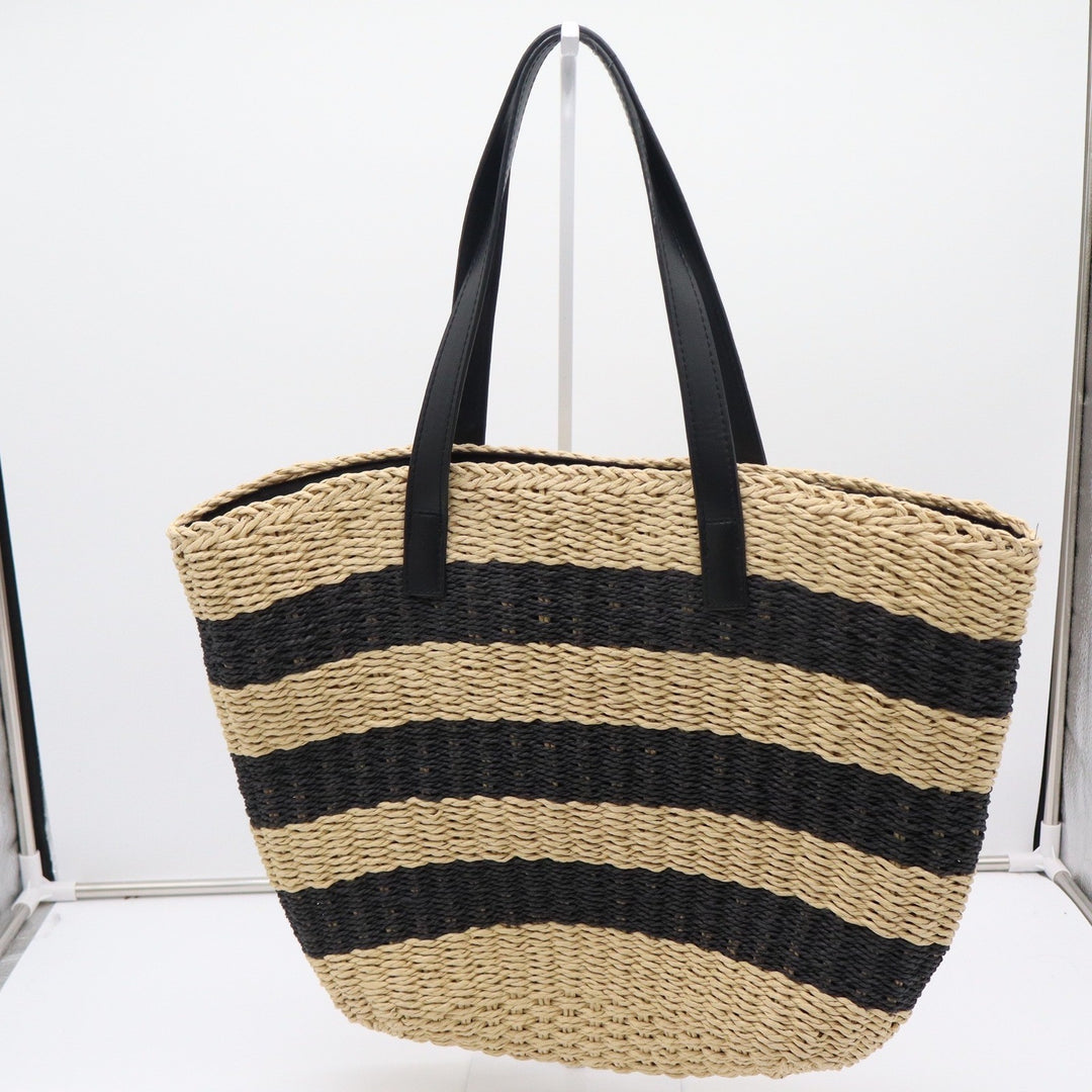 Gap Striped Straw Tote Bag Black Beige Woven Paper Beach Shoulder Bag