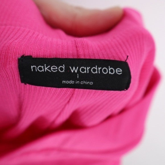 Naked Wardrobe Neon Pink Ribbed Split Hem High Waist Pants Large