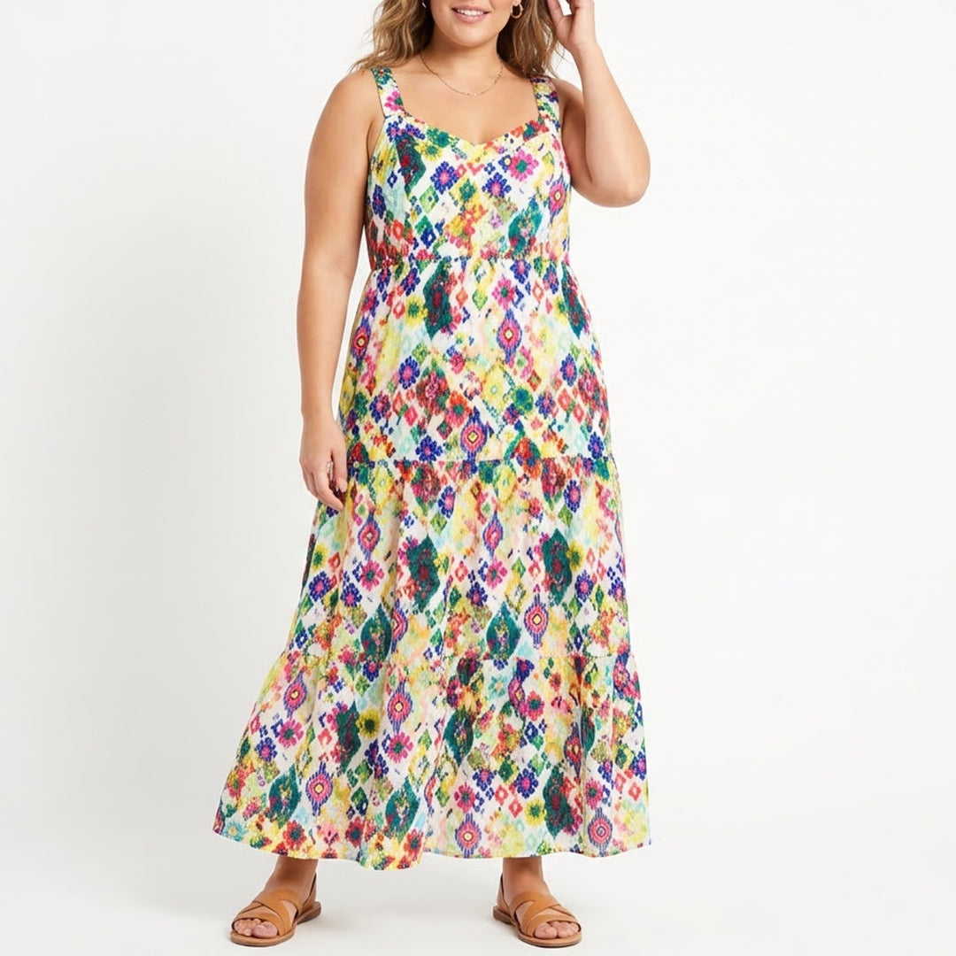 Terra & Sky Maxi Dress Womens 0X (14W) Multicolor Geometric Pleated Smocked Back