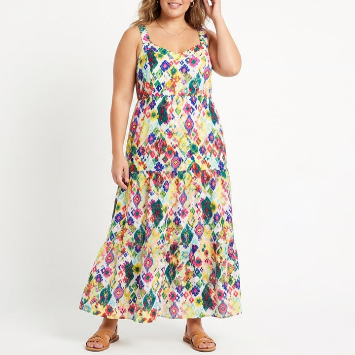Terra & Sky Maxi Dress Womens 0X (14W) Multicolor Geometric Pleated Smocked Back