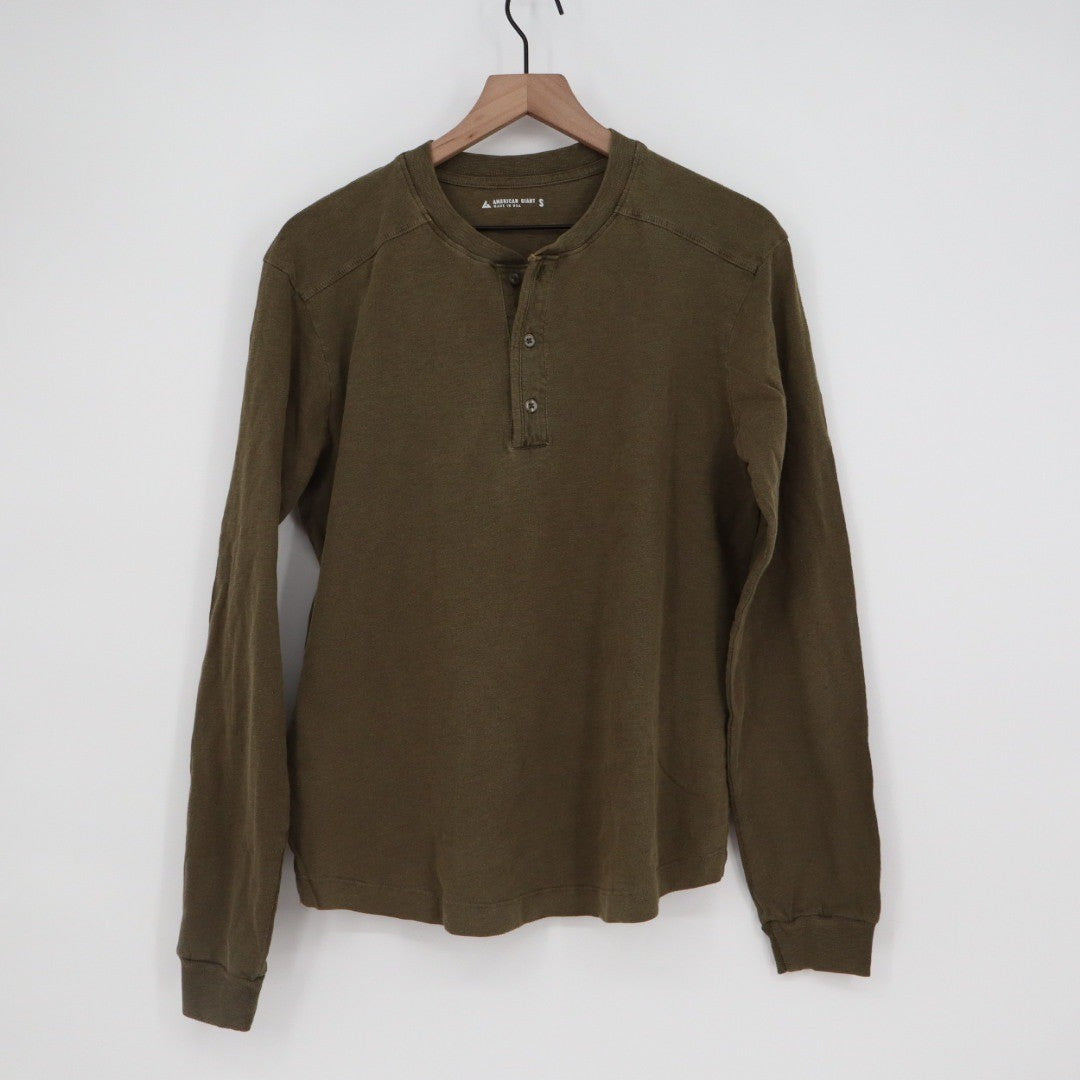 American Giant Long Sleeve Henley Shirt Olive Green Cotton Made in USA Size S