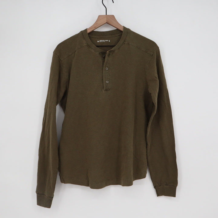 American Giant Long Sleeve Henley Shirt Olive Green Cotton Made in USA Size S