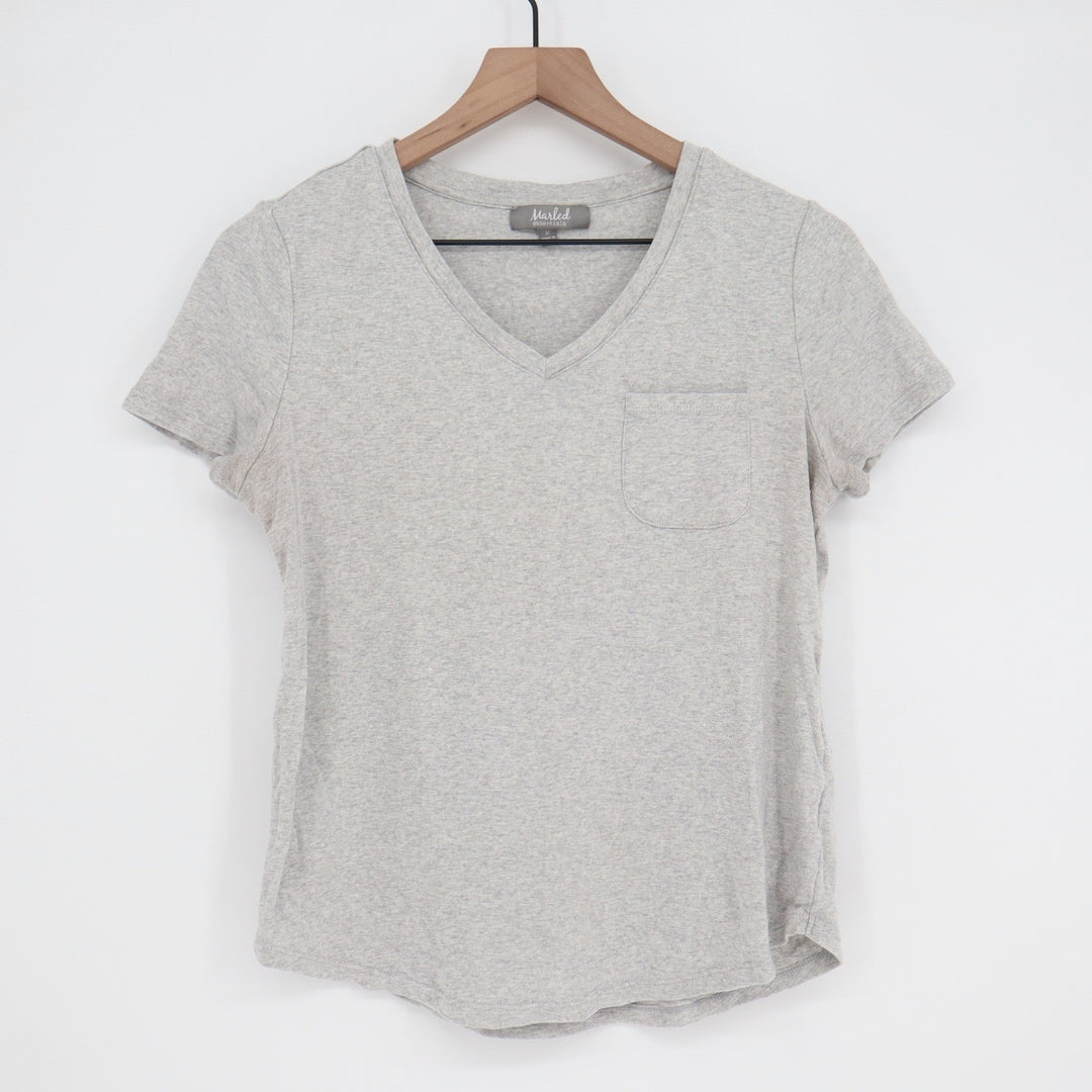 Marled Essentials Womens Gray V-Neck Pocket T-Shirt Cotton Modal Size M