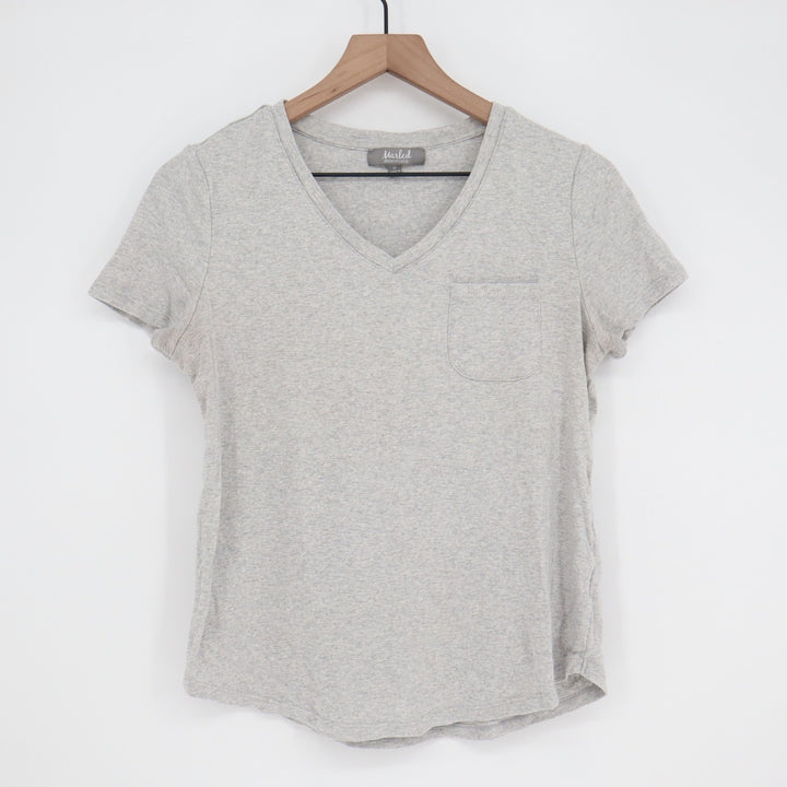 Marled Essentials Womens Gray V-Neck Pocket T-Shirt Cotton Modal Size M