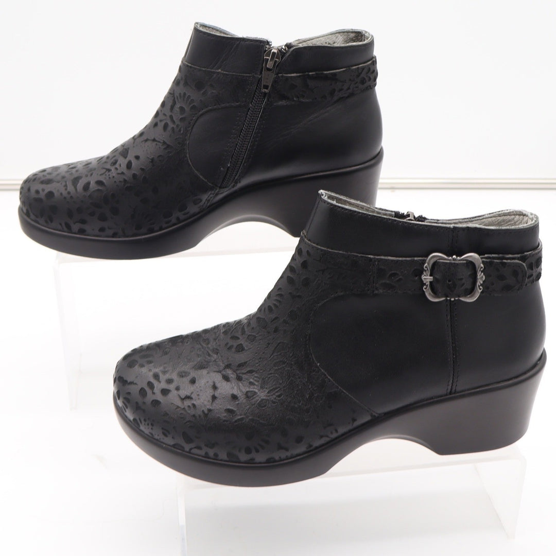 Alegria Cicely Black Leather Laser Cut Floral Ankle Wedge Boots Size 38