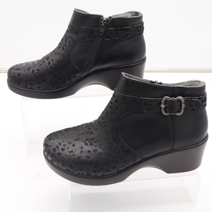 Alegria Cicely Black Leather Laser Cut Floral Ankle Wedge Boots Size 38