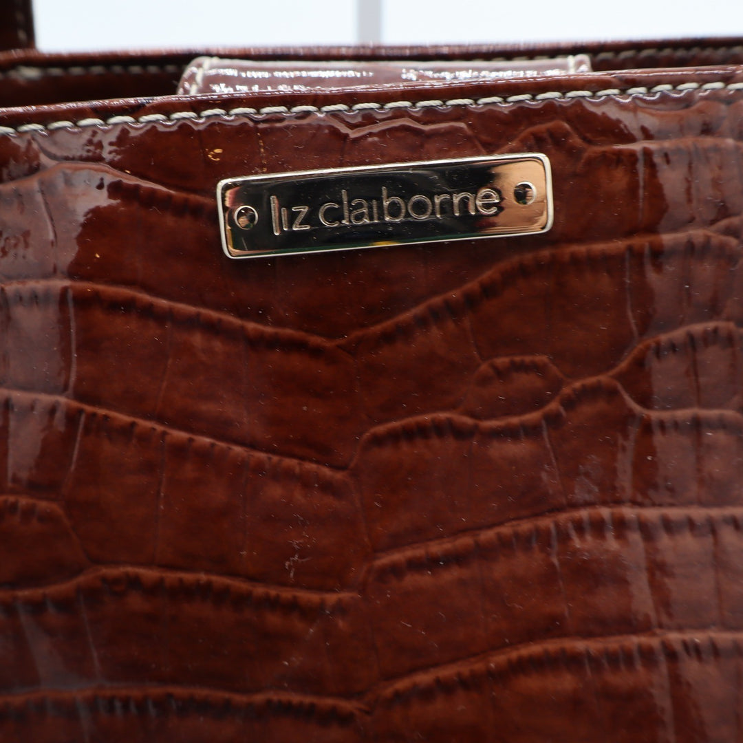 Liz Claiborne Tote Bag Women's Large Croc Embossed Brown Patent Faux Leather