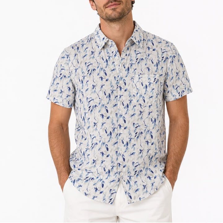 Apt 9 Mens Small Short Sleeve Button Down Shirt Blue Leaf Print Premier Flex S