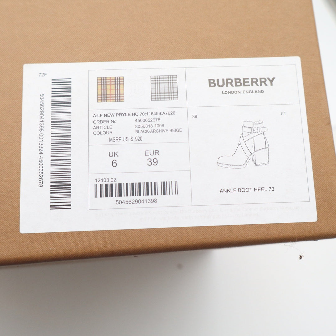 Burberry New Pryle 70 Black Leather Vintage Check Ankle Boots EU 39
