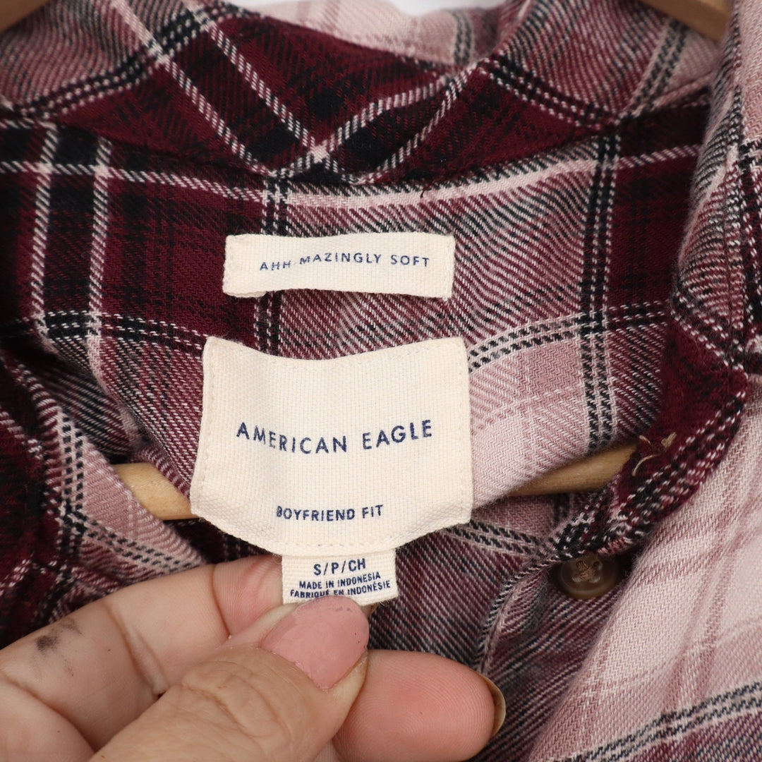 American Eagle Womens Small Boyfriend Fit Plaid Button Down Shirt Burgundy Pink