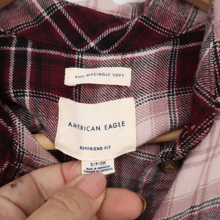 American Eagle Womens Small Boyfriend Fit Plaid Button Down Shirt Burgundy Pink