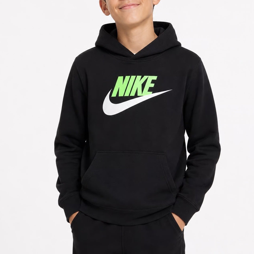 Nike Boys XL Black Hoodie Pullover Neon Green Logo Swoosh Sweatshirt