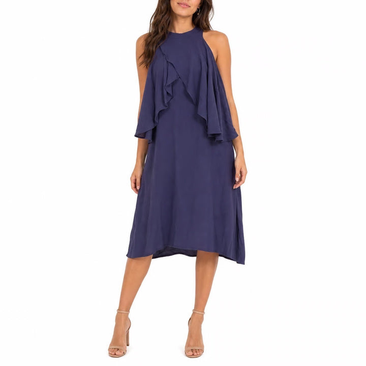 Pink Owl Navy Purple Cold Shoulder Ruffle Mock Neck Shift Dress Large