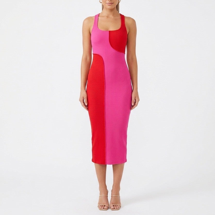 Naked Wardrobe Pink Red Colorblock Ribbed Midi Bodycon Dress XS