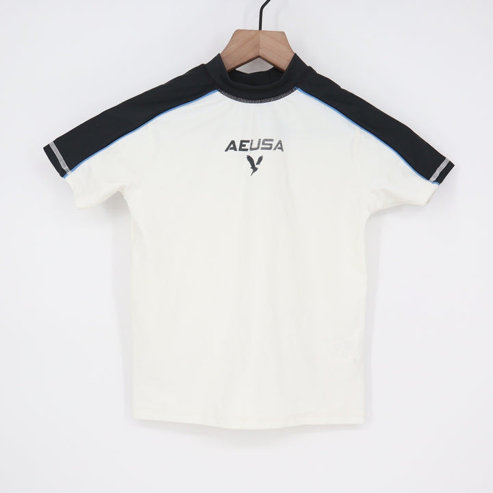 American Eagle Kids Rash Guard Size 8 White Black AEUSA Swim Shirt Short Sleeve