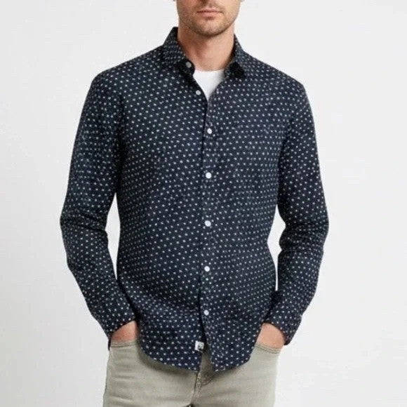 JULIAN MARK L Tall Navy Blue Abstract Dot Print Long Sleeve Button Down Stretch