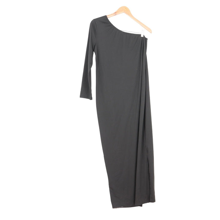 Black One Shoulder Maxi Dress Long Sleeve Side Slit Minimalist Medium