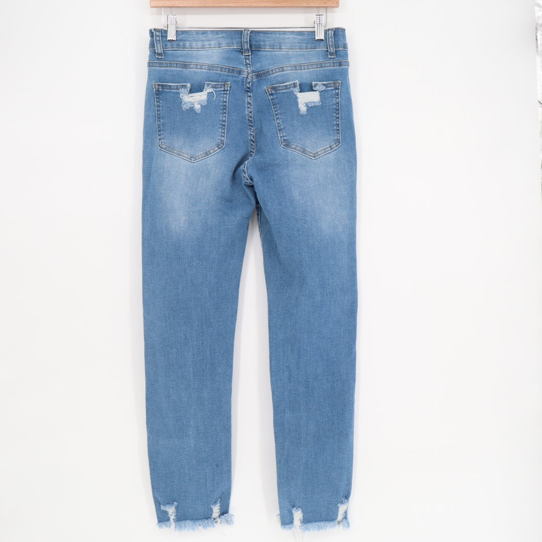 Jeans Women Medium Blue Denim Cotton Stretch Distressed Raw Hem Straight Leg