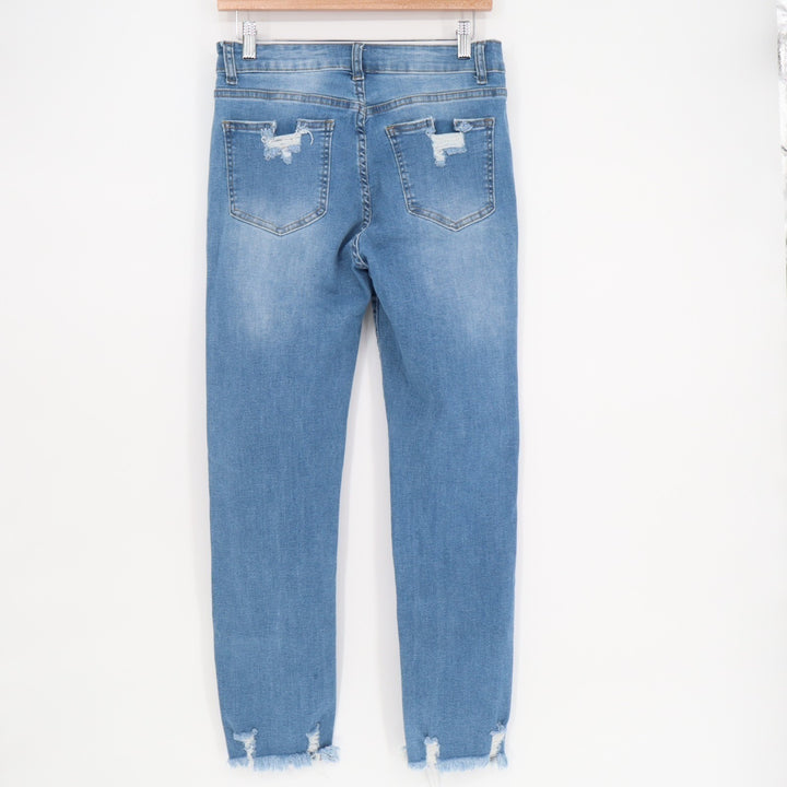 Jeans Women Medium Blue Denim Cotton Stretch Distressed Raw Hem Straight Leg