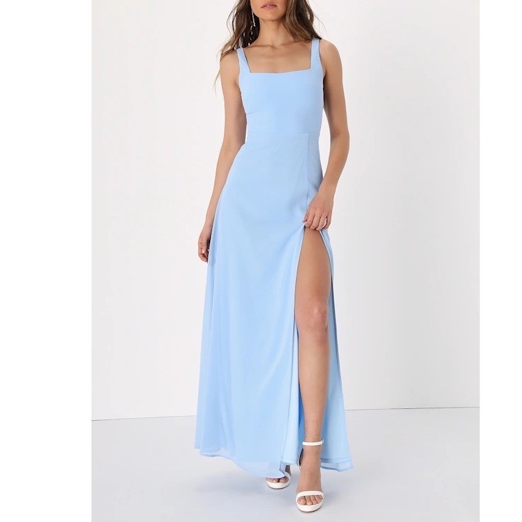 Lulus Light Blue Chiffon Square Neck Maxi Dress Sleeveless Side Slit Size L