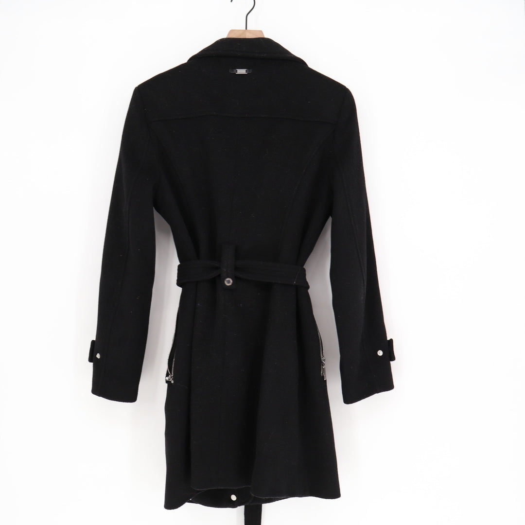 Calvin Klein Womens Black Wool Blend Belted Trench Coat Zip Front Size M