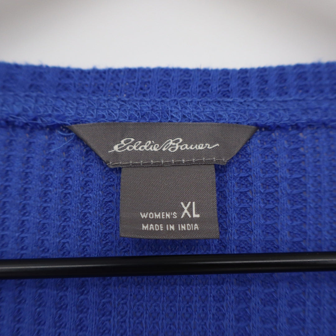 Eddie Bauer Womens XL Blue Waffle Knit Split Neck Raglan Long Sleeve Top
